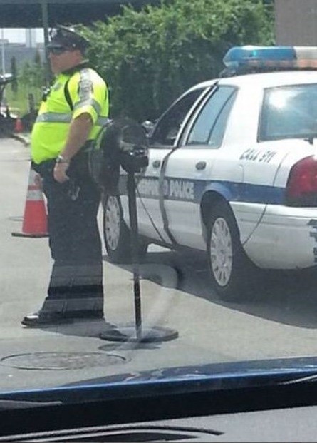 Police officers use fans to just stay outside their cars. 